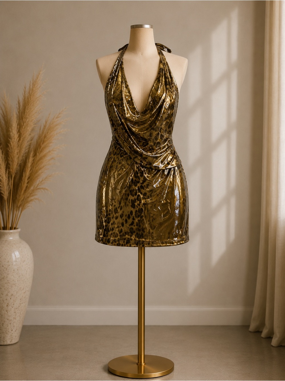 Gold Leopard Halter Mini Dress